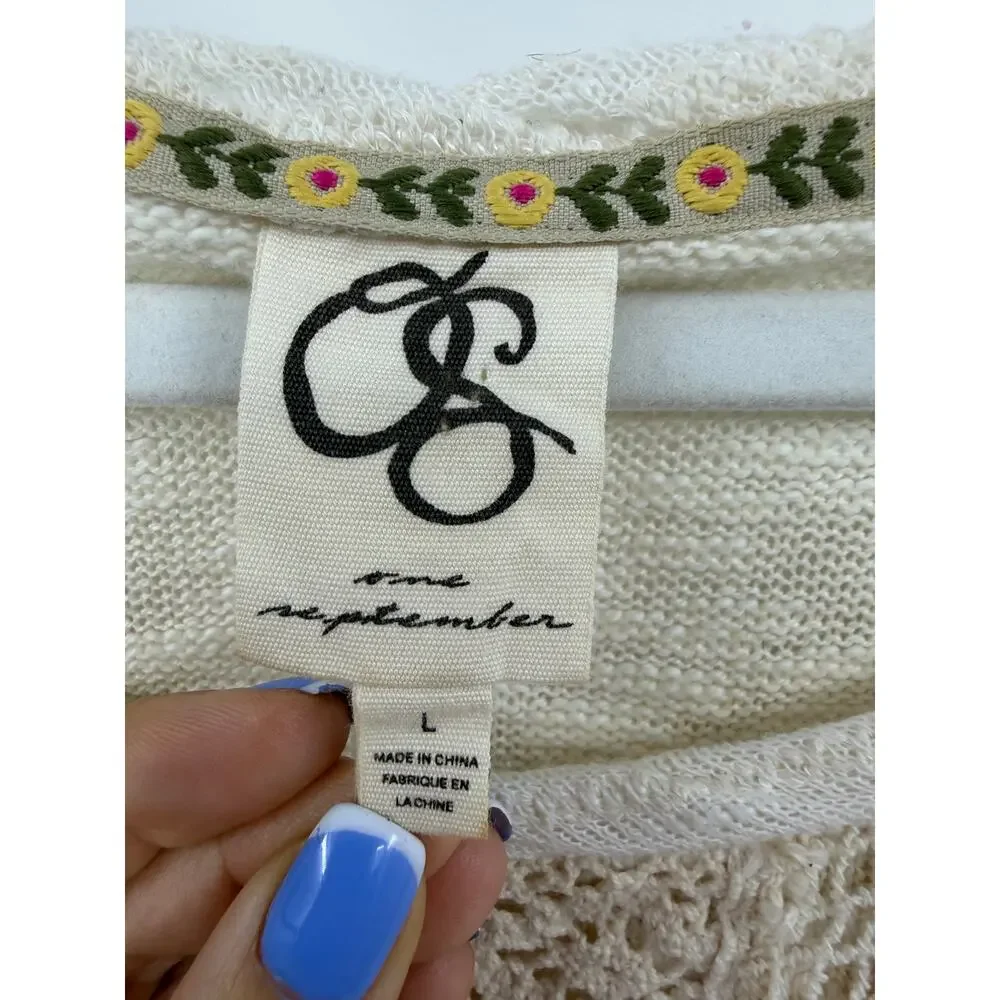 Anthropologie One September Women Long Sleeve Top Size L Cream Crochet Trim Boho